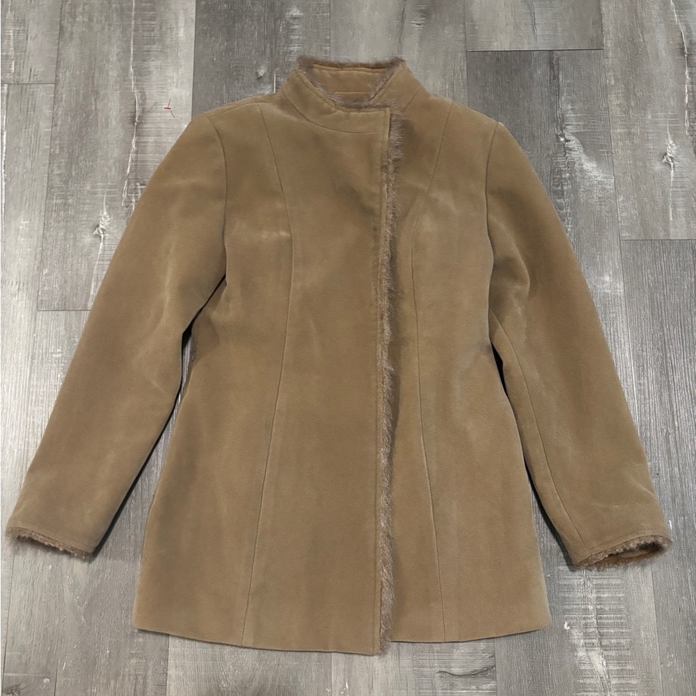 Women’s Taupe Faux-Shearling Trim Trench Coat
